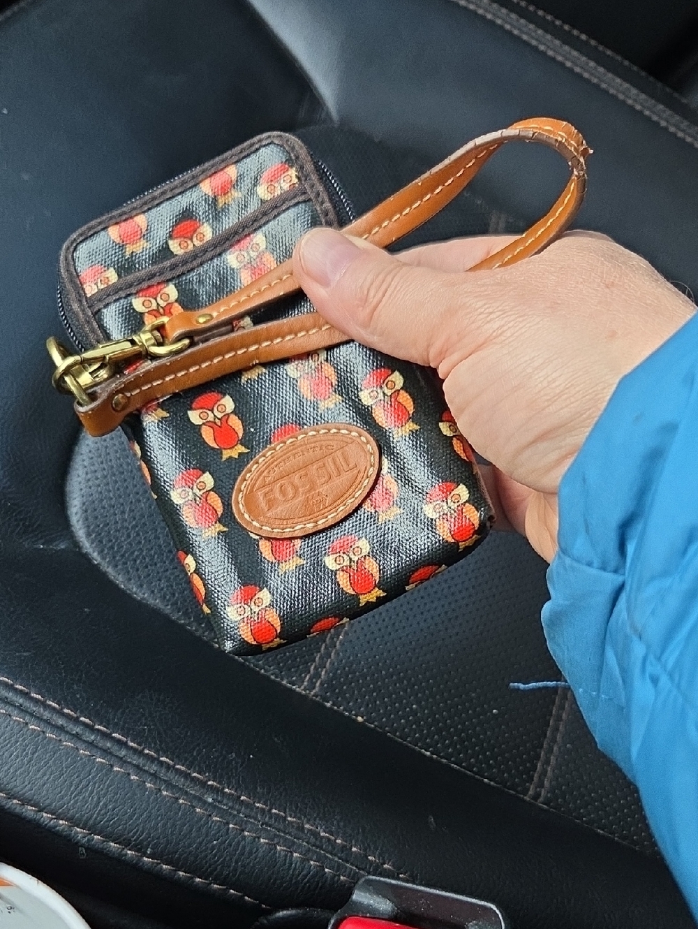 Fossil Black Wristlet Pouch with Orange Owl Print